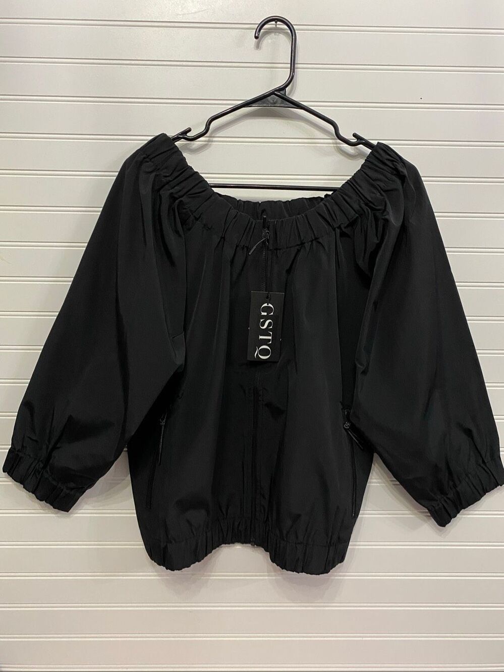 GSTQ Womens Black Zip Off Shoulder Shirt Blouse Sz S